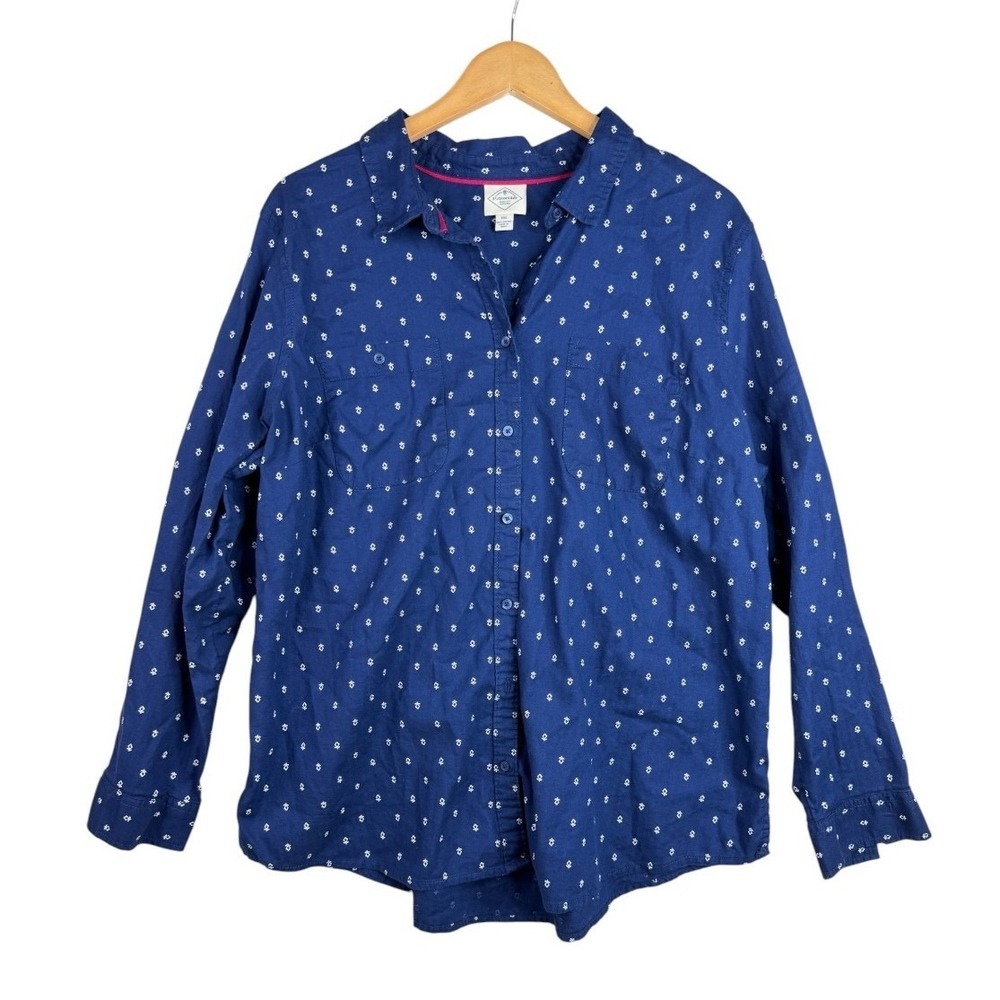 St Johns Bay Womens XXL Blue Floral Cotton Button Down Shirt Long Sleeve Pockets